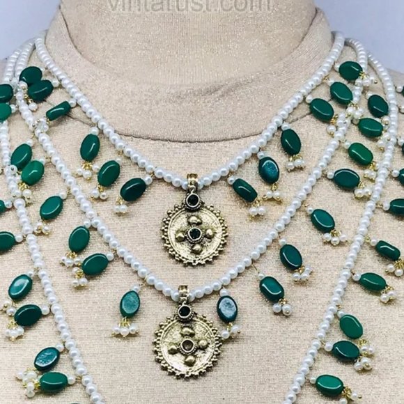 Pearls Beaded Multilayers Bib Necklace, Handmade Three Layers Bib Necklace, - Picture 3 of 8